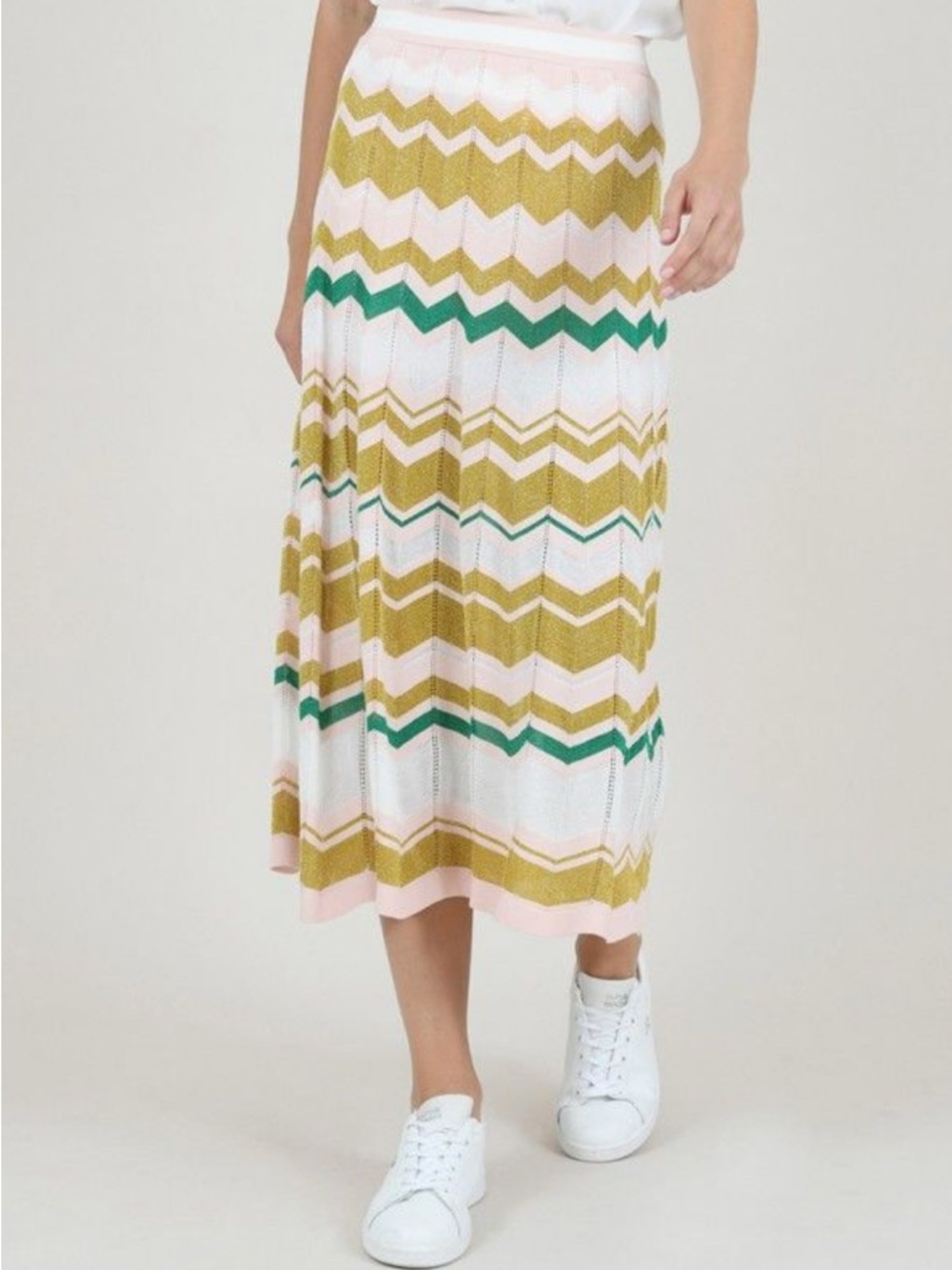 Chevron Knit Midi Skirt in Pink, Green and Gold Stripe